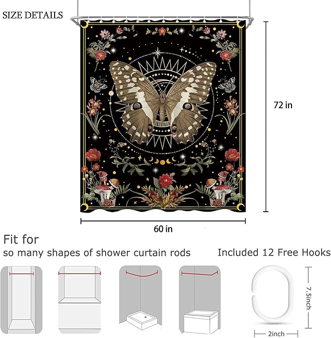 Black Red Moth Mushroom Flower Shower Curtain Sets for Bathroom 60Wx72H Wichy Boho Shower Curtain Gothic Polyester Bathtub Curtain Plant Butterfly Floral Bathroom Decor with 12 Hooks