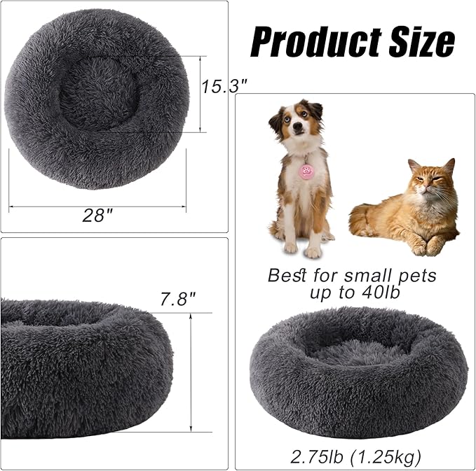Calming Dog Bed, Dog Beds Fits up to 40 lbs Pets, Fluffy Donut Dog & Cat Bed Washable, Round Anti Anxiety Dog Bed, Small Dog Bed with Non-Slip Bottom (Dark Grey, 28" x 28")