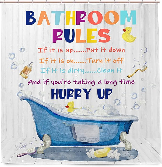 Bathroom Rules Kids Shower Curtain 72x72 Inches - Girls Boys Teen Funny Motivational Quotes Shower Curtains,Wooden Board Duck Bubble in Bathtub Fabric Bathroom Home Decor