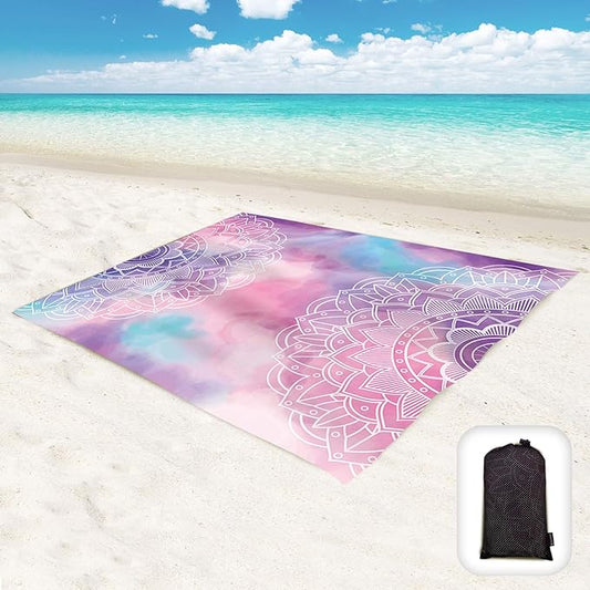 Beach Blanket Waterproof Sandproof Oversized 95”x 80”,Sand Free Beach Mat with Corner Pockets,Portable Mesh Bag for Beach Festival,Picnic,Travel and Outdoor Camping (PinkMandala)