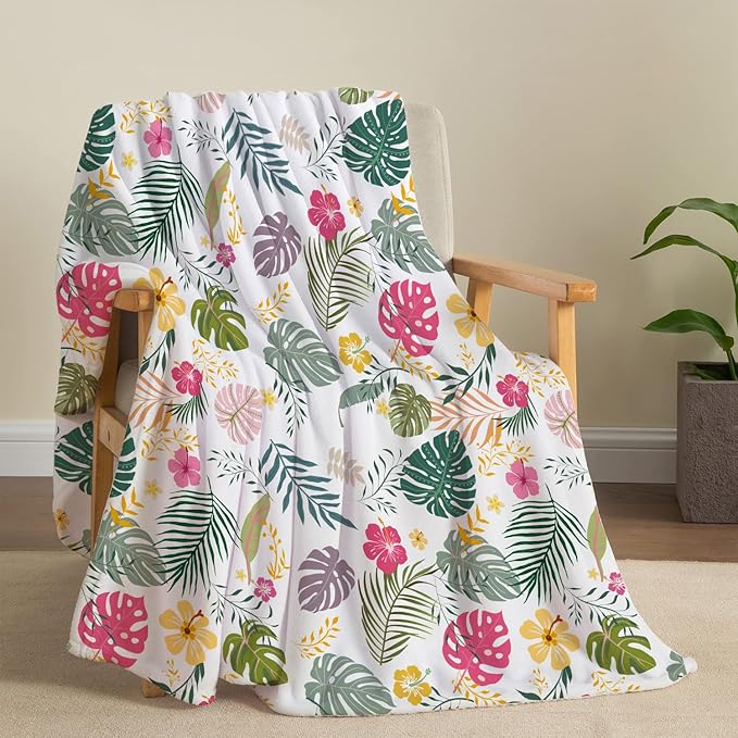 Tropical Palm Leaves Throw Blanket Floral Flower Flannel Fleece Throw Blankets Botanical Plant Cozy Fuzzy Plush Throw Blanket Nature Soft Throw Blankets for Sofa Bed 50" X 60"