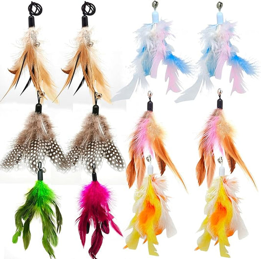 12 Pack Cat Wand Feather Toy Refills with Bells , Natural Feather Replacement for Interactive Cat Teaser Toys, Colorful Cat Wand Attachments, Durable and Safe Cat Toy Accessories for Exercise and Play