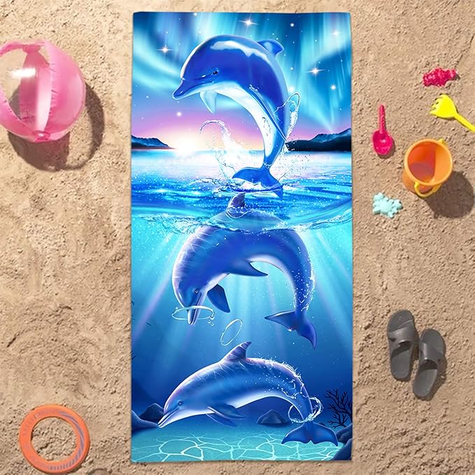 Bonsai Tree Dolphin Beach Towel, Cute Ocean Dolphins Themed Microfiber Bath Towel Gifts for Kids, Funny Abstract Animals Cartoon Sand Free Quick Dry Travel Towels for Boys Girls Pool Sports 30" x 60"