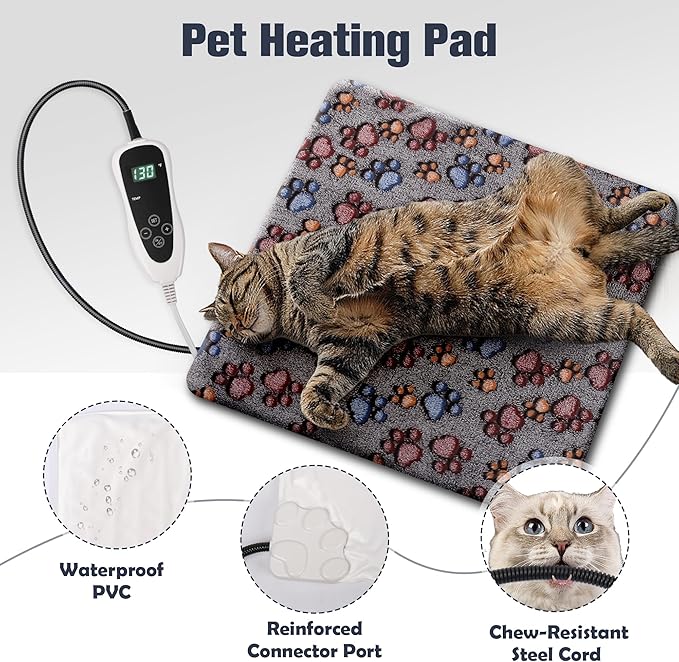 Cat Heating Pad, Waterproof Pet Heating Pad for Cat Dog Outdoor, 11 Adjustable Temperature Cat Warming Bed Mat with Timer, Indoor Heated Cat Bed with Chew Resistant Cord（S: 18'' L X 18W ''）