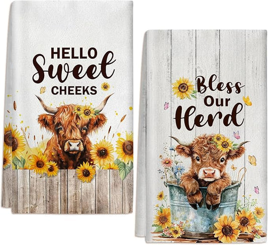 2 Pcs Highland Cow Gifts Highland Cow Kitchen Towels for Farmhouse Bathroom Kitchen Decor 24 x 16 Inch Highland Cattle Tea Hand Towels