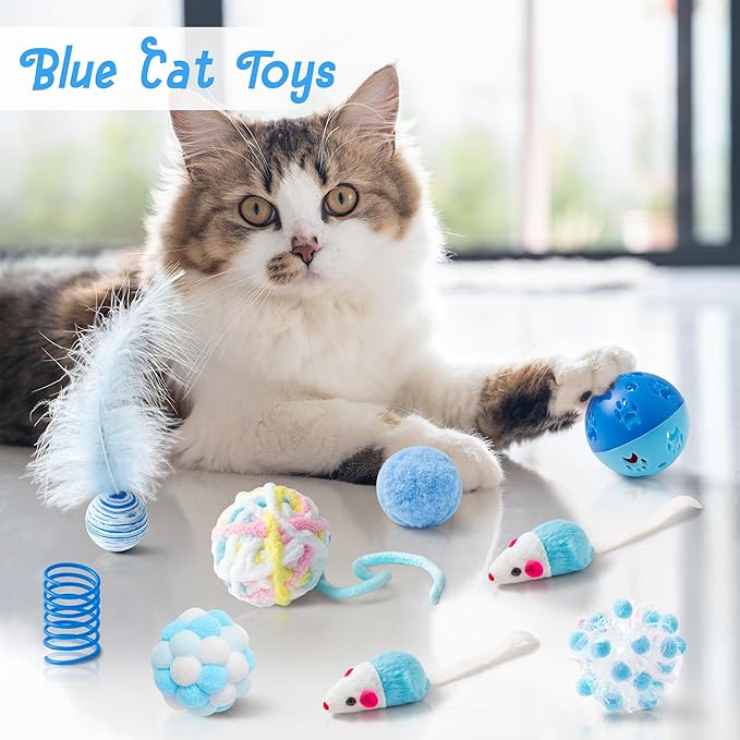 MALLMALL6 10Pcs Cat Toy Set Interactive Cat Toys Pack Including Feather Teaser Wand Cat Springs Mice Crinkle Balls and Pet Bell Balls, Puzzle Toys for Indoor Cats Gift (Blue)
