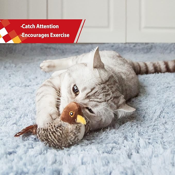 Gigwi Interactive Electronic Cat Toy (Not Flapping), Automatic Chirping Bird Cat Toy Squeaky with Feather Tail, Melody Chaser Toy Bird for Cats to Play Alone, Play and Squeak Kitten Toy for Boredom