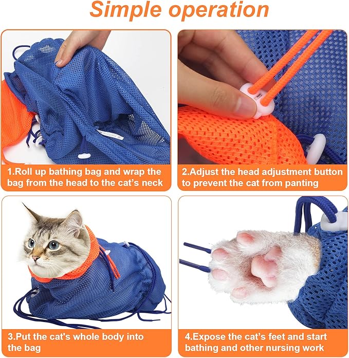 Cat Bathing Bag, Breathable Mesh Anti Scratch Adjustable Cat Grooming Bag for Nail Trimming, Bathing Polyester Soft Cat Washing Bag (Blue-Orange)