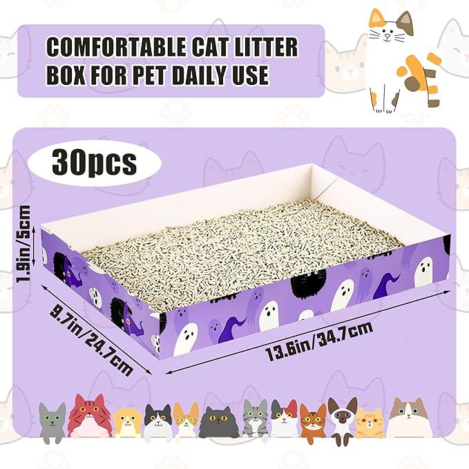 30 Pack Disposable Cat Litter Box, Foldable Paper Litter Box, Travel Cat Litter Box,Non Clumping Durable and Waterproof,Low Entry Easy Disposal,Portable(13.6x9.7x1.9 in)