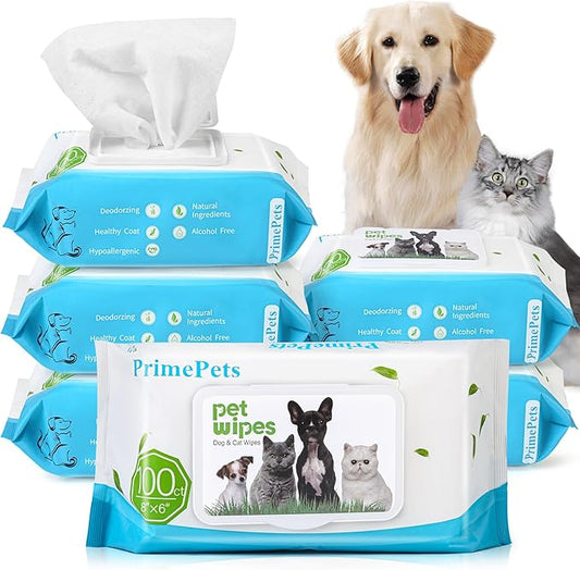 PrimePets Dog Grooming Wipes, 600 Count, 6x8 Inch Deodorizing Wipes for Dogs & Cats, 100% Fragrance Free, Natural Pet Wipes for Cleaning Face Bum Eyes Ears Paws Teeth, Dog Wipes