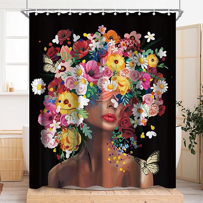 Black Girl Women Shower Curtain Sets for Bathroom 60Wx72H African America Shower Curtain Afro Lady Modern Colorful Flower Floral Polyester Bathtub Curtain Bathroom Decor with 12 Hooks