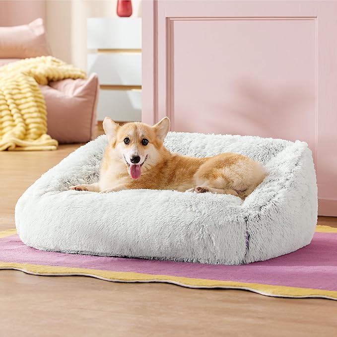 Lesure Cute Cat Couch Bed - Furry Indoor Cat Sofa Large, Washable Calming Small Dog Beds for Puppy with Fashion Design, 26x21x9inches, Gery