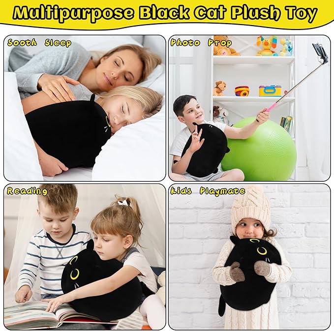 Cute Soft Plush Cat Plushie - 11.8'' Black Cat Stuffed Animal, Cat Plush Pillow for Kids, Girls & Boys