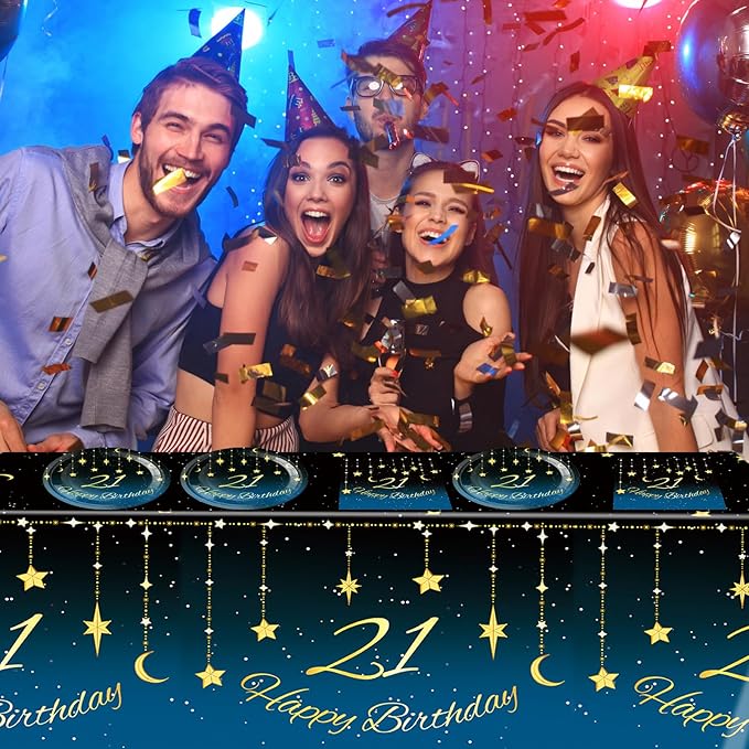 21th Birthday Party Decorations, 41Pcs Starry Sky Party Tableware Set Includes 20 Plate 20 Napkins and 1 Tablecloth, 21 Years Old Birthday Theme Party Supplies for Boys Girls Birthday Party Favors