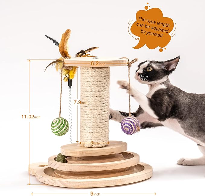 MEWOOFUN Cat Toy 2-Layer Turntable Cat Ball Toy with Feather,Kitten Toys Interactive Cat Toy with Eight Interactive Balls and Two Sisal Dangling Balls (Medium)