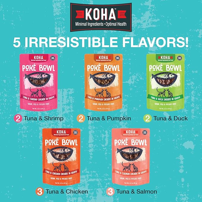 KOHA Pet Food Poké Bowl Cat Variety Pack, Wet Cat Food in Gravy - 5 Flavors - Tuna Combinations of Salmon, Chicken, Duck, Shrimp, and More - 3 oz Pouches, Pack of 12