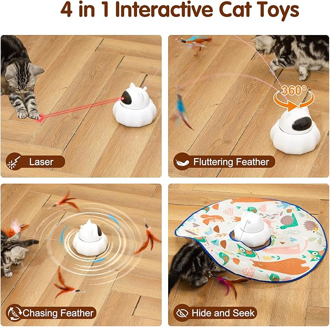 VIWIK 4 in 1 Cat Laser Toy Automatic, Interactive Cat Toys for Indoor Cats, Hide and Seek Kitten Wand Toy,Electronic Toys with Moving Feather, Stocking Stuffers, for Cat Lovers