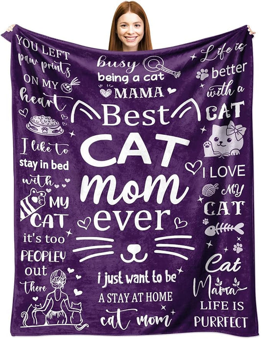 Cat Mom Gifts Blanket for Women, Cat Mom Throw Blankets for Women Soft Flannel Blanket 50"x40" Cats Themed Gifts for Cats Lovers