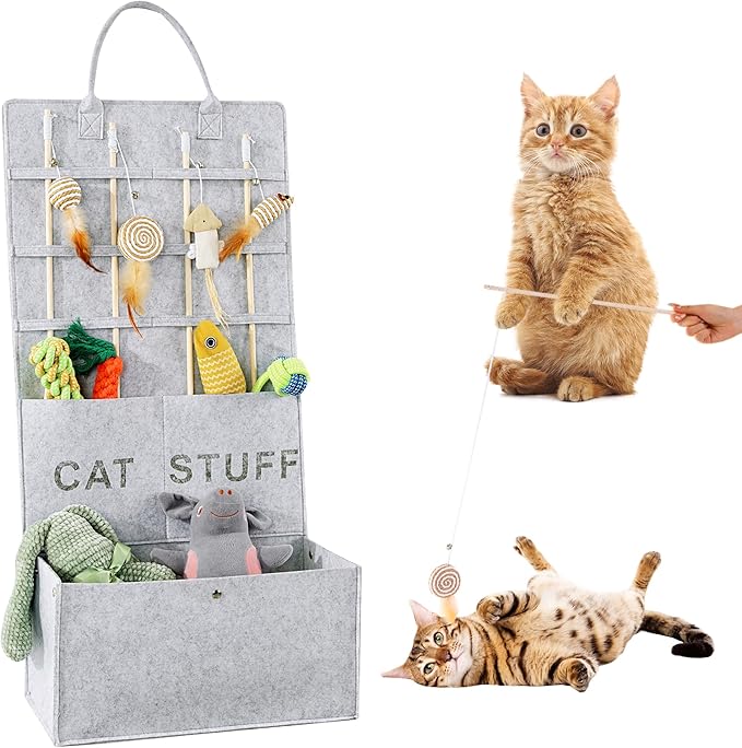 MABOZOO Cat Toy Storage Organizer for Wand Toys,Durable Pet Storage Box with Handle Cat Feather Toy Storage Hanging Bag for Neatly Organizing Teaser Wand Toys（Light Grey）