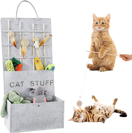MABOZOO Cat Toy Storage Organizer for Wand Toys,Durable Pet Storage Box with Handle Cat Feather Toy Storage Hanging Bag for Neatly Organizing Teaser Wand Toys（Light Grey）