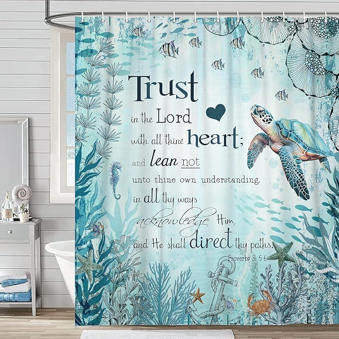 Beach Sea Turtle Bible Verse Shower Curtain, Cool Turtle on Blue Teal Coastal Nautical Theme Shower for Bathroom, Underwater Animal Fish Seashell Jellyfish 70X70IN
