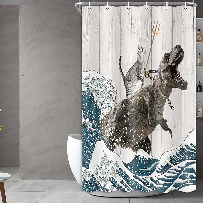 Boziqr Funny Cat Shower Stall Curtain, Cool Cat Dinosaur Japanese Ocean Wave Decor Fabric Bathroom Curtains, Kids Children Rustic Wooden Farmhouse Shower Curtain, 36 X 70 Inches