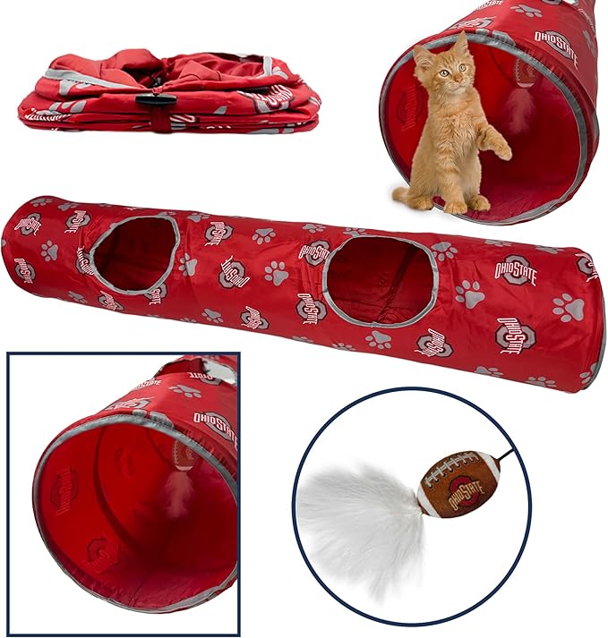 NCAA Ohio State Buckeyes Cat Tunnel Tube Toy with Plush Football Catnip and Feathers