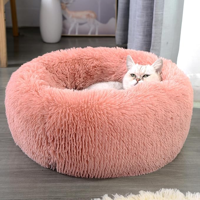 CHCFURPT Calming Dog Bed for Cats and Small Dogs, Donut Washable Small Cat Bed for Indoor Cats and Dogs, Anti-Slip Round Fluffy Plush Faux Fur Pet Bed for Small Cats and Dogs (Pink, 19.7')