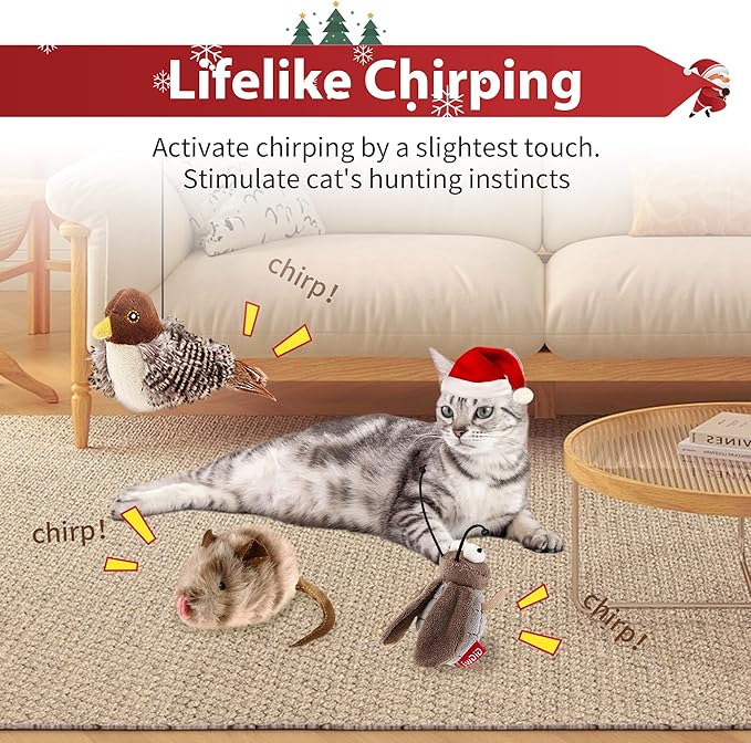 PETGEEK GiGwi Chirping Bird Cat Toys 3 Pcs- Melody Chaser Realistic Plush Cat Toys for Indoor Cats- Hangable Design Best Gift for Birthday, Thanksgiving, Christmas, New Year (Bird Mouse Cricket Set)