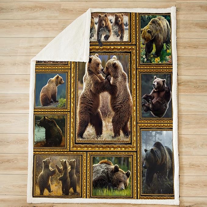 Feelyou Kids Bear Fleece Throw Blanket Queen 90"x90" Wild Animal Plaid Sherpa Blanket for Bed Sofa Couch Rustic Cabin Country Plush Blanket Women Men Fuzzy Blanket