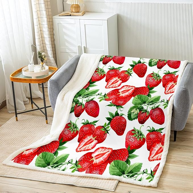 Strawberry Fleece Throw Blanket Girls Kawaii Red Strawberry Blanket for Bed Couch Sofa Women Sweet Tropical Fruit Sherpa Blanket Soft and Cozy Plush Blanket All Season Fuzzy BlanketTwin 60"x80"