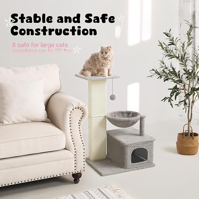 Small Cat Tree, 31 Inches Tall Cat Scratching Post with Perch & Condo & Hammock, Natural Woven Sisal Cat Post Sctacher, Kitten Scratching Posts for Indoor Cats, Cat Scratch Tower, Gray