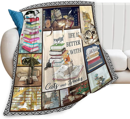 Read Blanket Cat Gifts for Reader Girls Boys Woman Kids Cat Lover Reading Book Throw Blankets Soft Blanket Warm Fleece Flannel Plush Blankets for Bed Sofa Couch 60"x80"