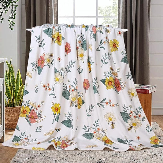 Floral Flower Throw Blanket Bee Flannel Fleece Throw Blanket Botanical Plant Cozy Fuzzy Plush Throw Blankets for Bed Chair Couch 60" X 80"