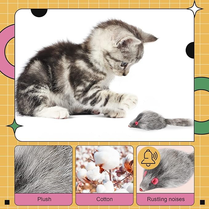 60 Pcs Furry Mice Interactive Catch Play Rabbit Fur Mouse Cat Toy Rattle Sound Rat Plush for PET Cats and Kittens, 3 Colors