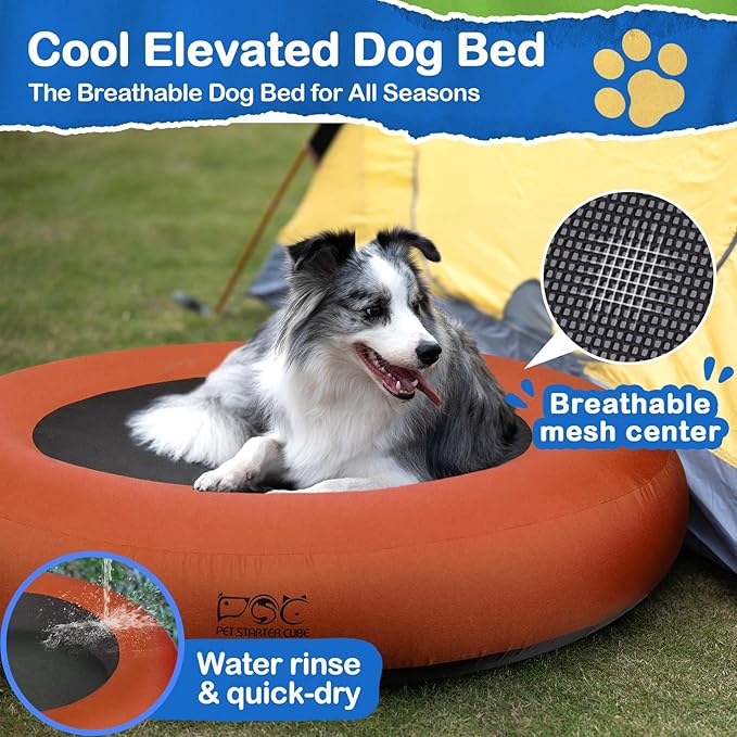 Elevated Dog Bed,Inflatable Dog Bed Raised,Pet Cushion Sofa for Large Dogs,Portable Dog Cot Doughnut Round Stand,Waterproof Dog Bed Frame for Indoor,Outdoor(Brown)