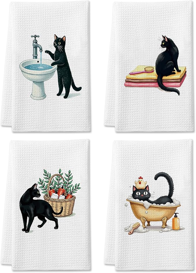 DETIHO Black Cat Hand Towel, Cat Dish Towels Decorative Set 16x24 Inches Set of 4, Towels for Kitchen, Bathroom