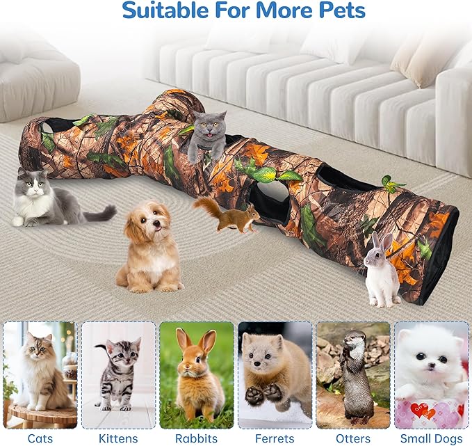 Cat Tunnel for Indoor Cat Large,Cat Bed Toy with Three Channels and Leaves,Y-Shape Cat Cave, Foldable Easy to Store,Suitable for Cats and Other Small Pets to Chase and Play, L 59",Brown