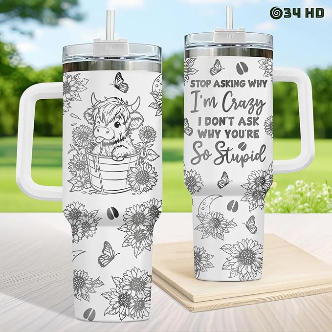 34HD Engraved Cow Tumbler with Handle and Straw, 40oz Insulated Animal Cup, Cute Moo Cattle Coffee Mug, Funny Gifts for Cow Lovers, Cow Print Stuff
