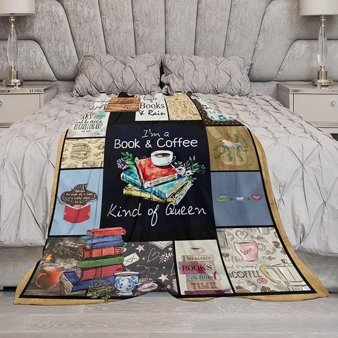Book and Coffee Print Blanket Coffee Cup Cafe Throw Blankets for Couch Sofa Bed Stuff Decor Lightweight Soft Cozy Fleece Plush Warm Flannel Bedding Blanket Gifts for Girls Boys Kids Adults 60"x80"