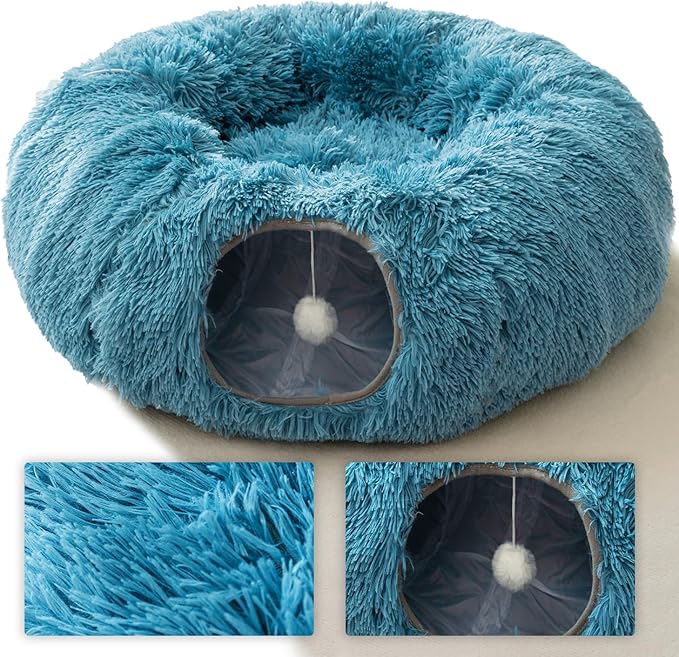 HIPIPET Winter Plush Cat Tunnel with Cat Bed for Indoor Cats,Multifunctional Cat Toys for Small Medium Large Cat.(Blue)