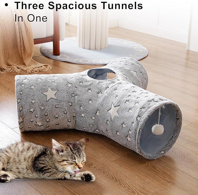 Love's cabin Cat Tunnel Tube Cat Toys 3 Way Collapsible, Self-Luminous Cat Tunnels for Indoor Cats，Kitten Tunnel Bored Cat Play Tunnel with Peek Hole Toy Ball for Cat, Kitty, Kitten, Puppy Grey