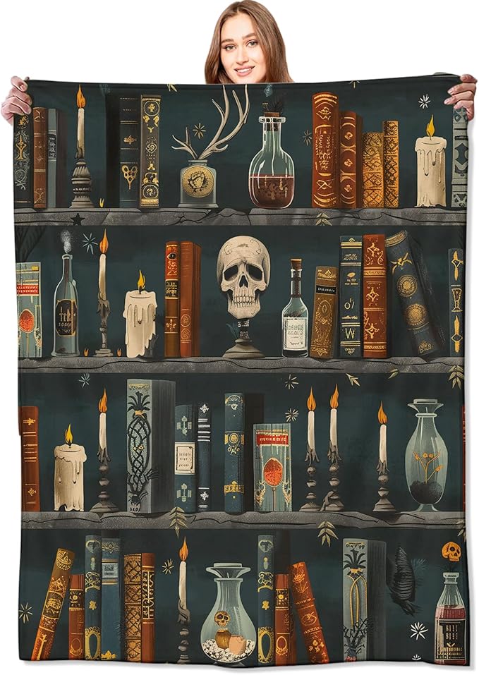Goth Book Blanket Vintage Books & Skull Throw Blankets Gifts for Girls Women Adults Lightweight Soft Fleece Cozy for Sofa Couch Bed Room Travel Birthday Party Gothic Decor 60x80in