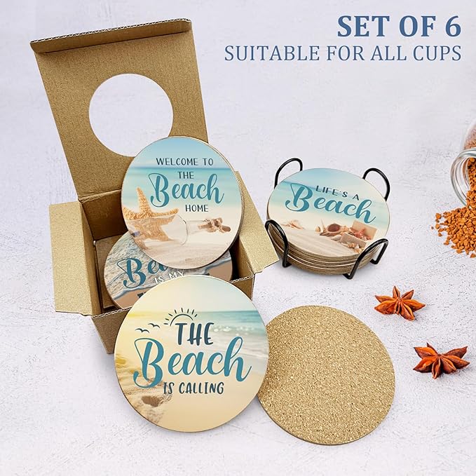 Beach Coastal & Ocean Sea Tropical Theme Cork Coasters for Drinks, Kitchen Decor and Gifts for Beach House and Home Beach Bar-Coasters for Wooden Table-Set of 6 with Holder