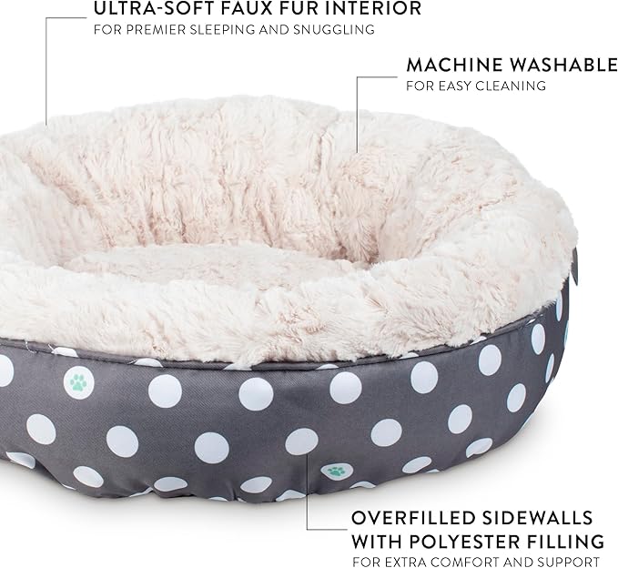 Fringe Studio Dot Paw Charcoal Small Circle Pet Bed 18"- Poly Filled with Faux Fur Interior - Machine Washable