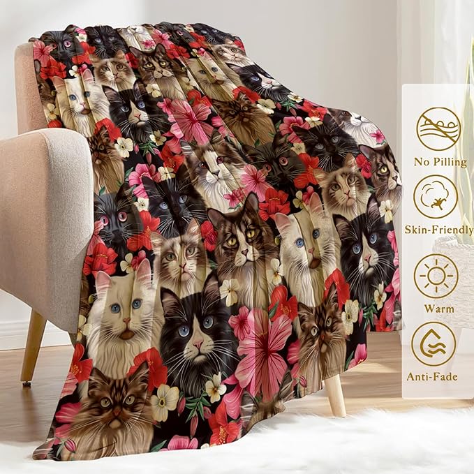 Cute Cat Blanket Plush Flannel Throw Blanket - Ultra Soft & Warm, Comfy & Lightweight - Perfect for Couch, Travel, Bedroom, Bed, Living Room - Cozy, Fuzzy Gift 50in×60in