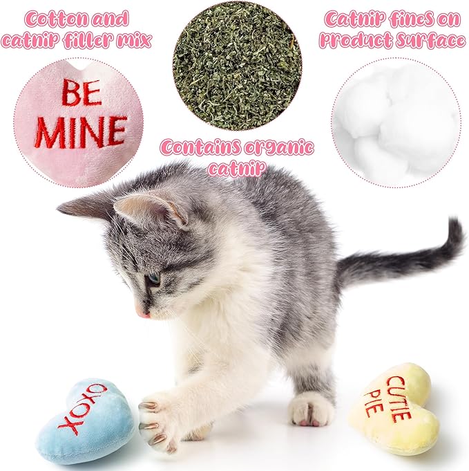 MALLMALL6 5Pcs Valentine’s Day Conversation Heart Catnip Toys Gift for Cat, Indoor Cat Chew Bite Kick Plush Candy Catmint Pet Toys for Cat Lover Gifts, Cute Interactive Cat Toy with for Pet Presents