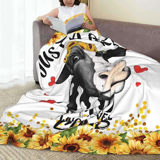 Cow Balnket Sunflower Cow Soft Cozy Flannel Throw Blanket Just a Girl Who Loves Cow Blankets Gifts for Women Kids Adults Teen 60"X 50"