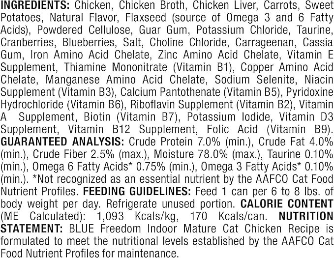 Blue Buffalo Freedom Grain-Free Wet Cat Food, Complete & Balanced Nutrition for Mature Indoor Cats, Made with Natural Ingredients, Chicken Recipe, 5.5-oz. Cans (24 Count)