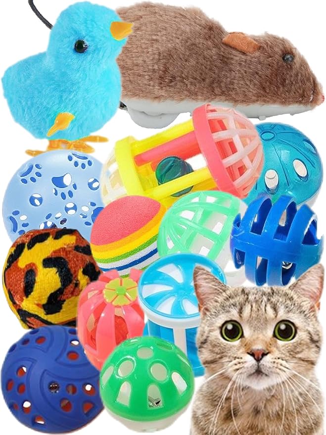 14 Pcs Cat Toys, 1.5" to 6.3", Lightweight, Interactive, Assorted Colors, Cat Toy Balls for Kitten Training and Play, for All Breed Sizes